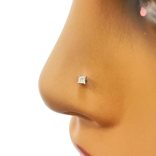 18ct White Or Yellow Gold Princess Diamond Nose Stud Pin 0.03ct 4 claw 2.2mm  Body Piercings