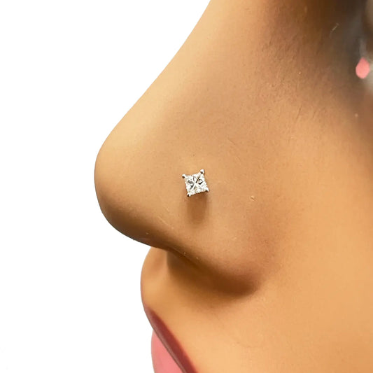 18ct White Or Yellow Gold Princess Diamond Nose Stud Pin 0.07ct 4 claw 2.8mm  Body Piercings