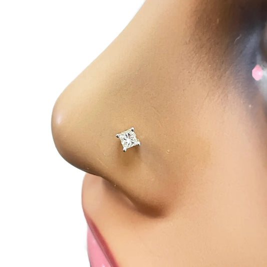 18ct White Or Yellow Gold Princess Diamond Nose Stud Pin 0.10ct 4 claw 3.2mm  Body Piercings