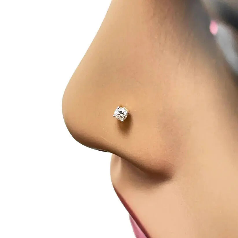 18ct White Or Yellow Gold Round Diamond Nose Stud Pin 0.07ct 4 claw 2.6mm  Body Piercings