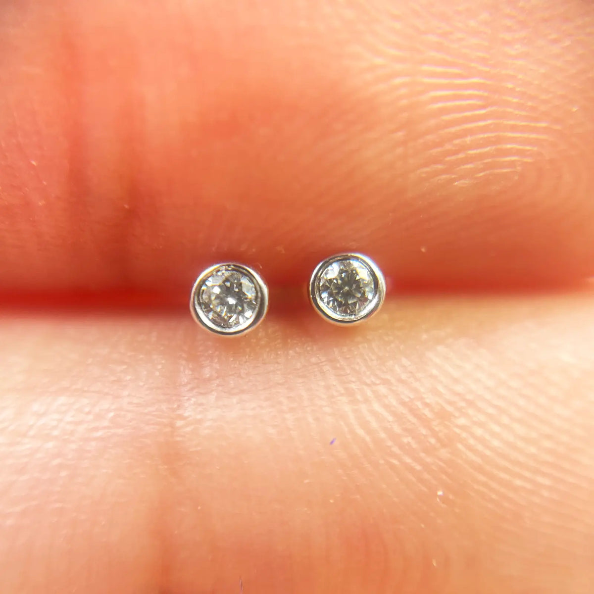 18ct White/Yellow Gold Diamond Bezel Children's Earrings 0.04ct Child friendly 