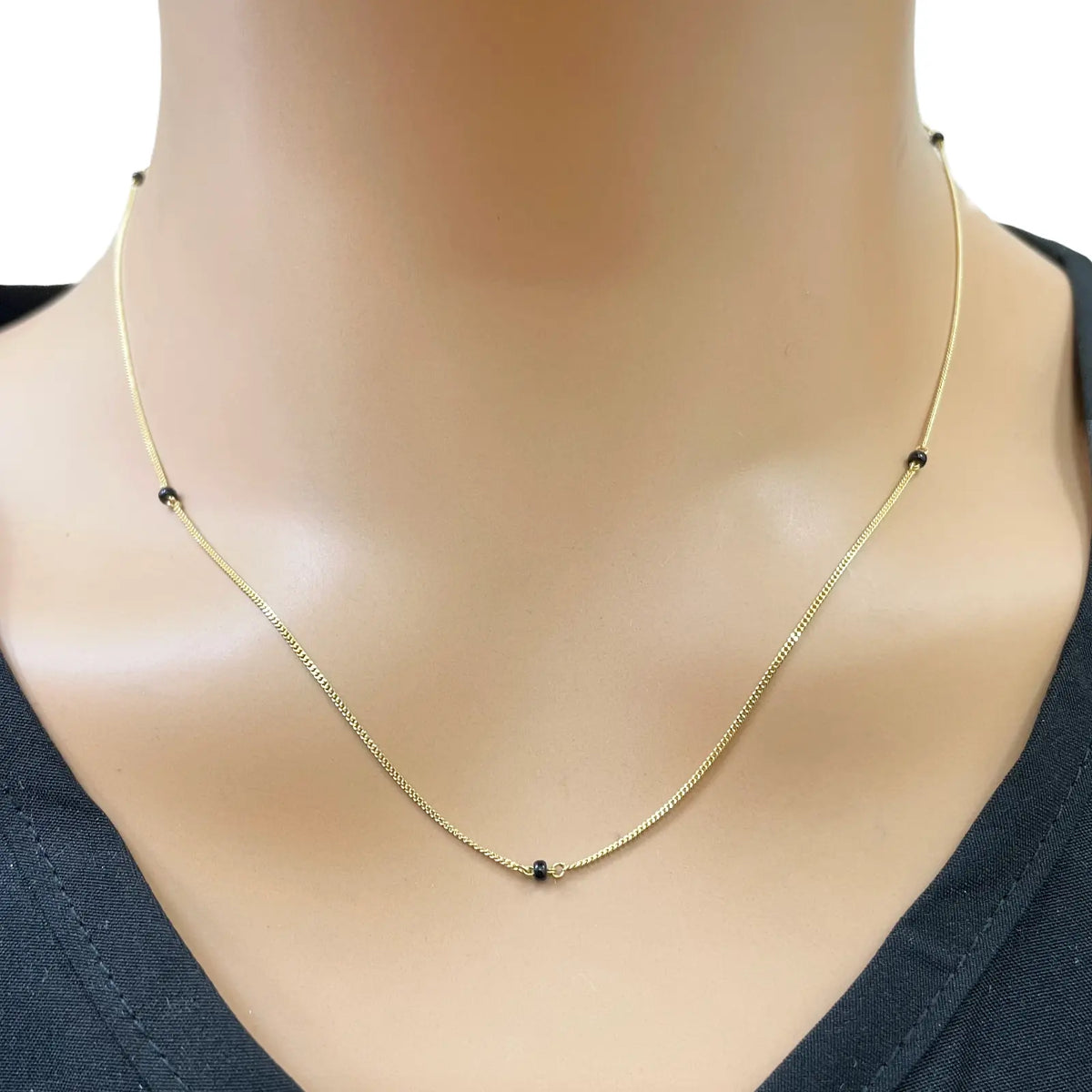 18ct Yellow Gold Dainty Mangalsutra Necklace with Five Black Beads & Curb Chain ? 18 Inch  Mangalsutra