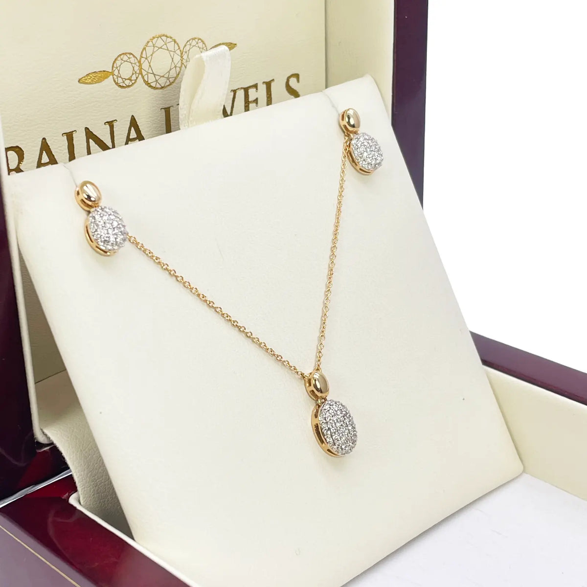 18ct Yellow Gold Diamond Oval Necklace Stud Earrings Matching Set 0.53ct 