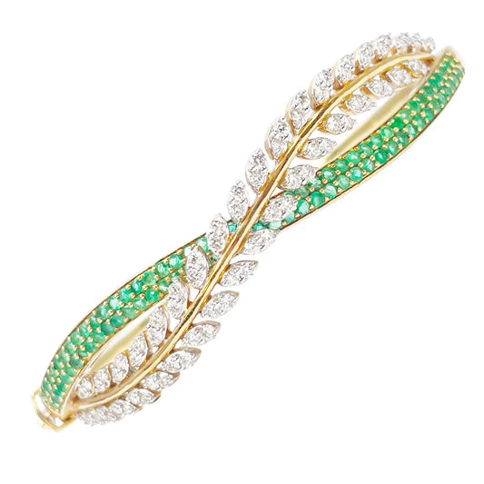18ct Yellow Gold Diamond & Emerald Leaf Bangle Bracelet 2.17ct Diameter 2.2 Inch¬† Diamond Bracelets
