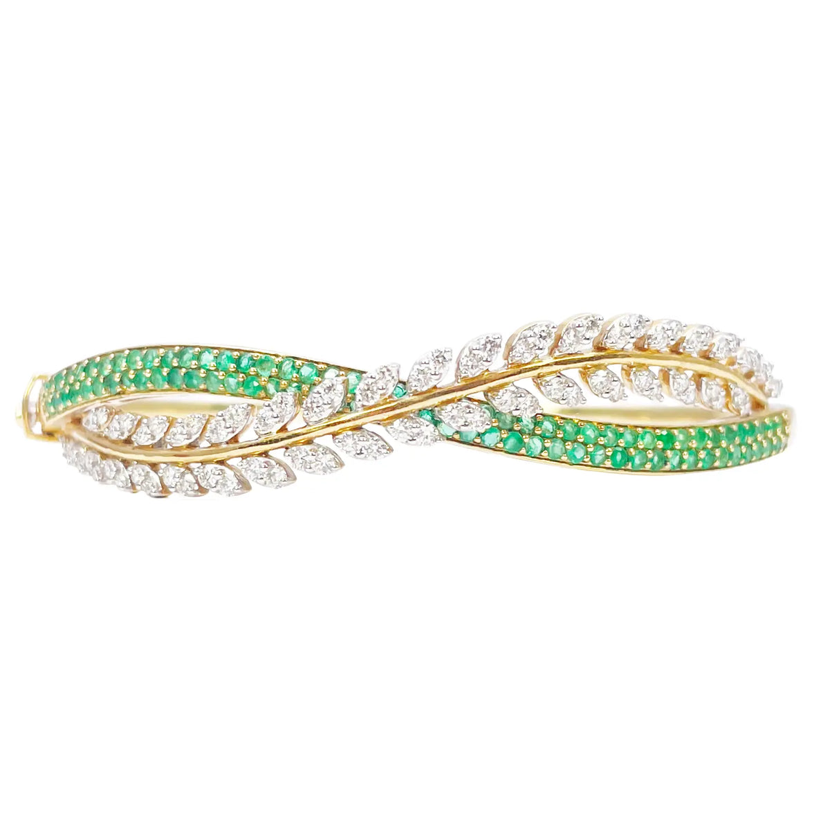 18ct Yellow Gold Diamond & Emerald Leaf Bangle Bracelet 2.17ct Diameter 2.2 Inch¬† Diamond Bracelets