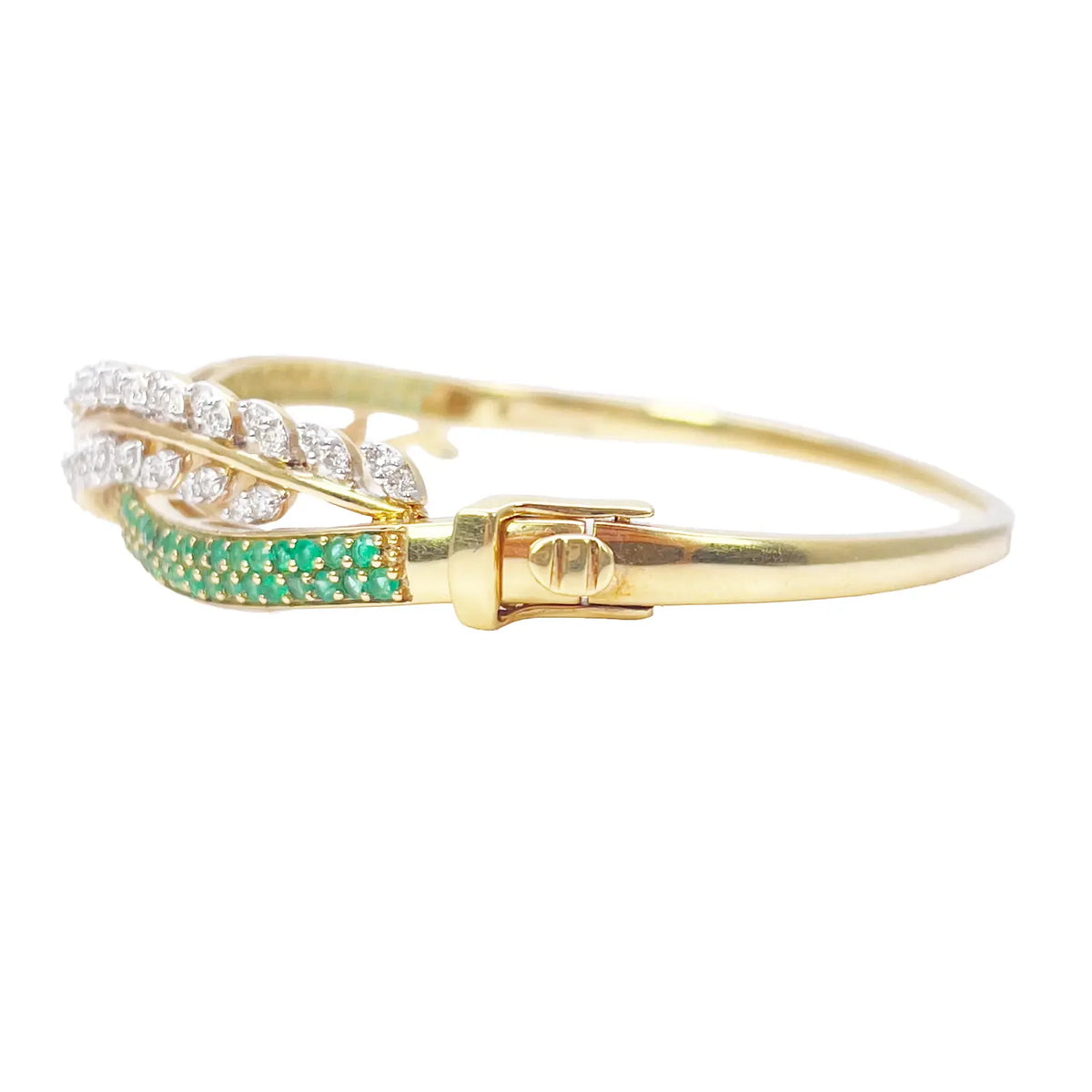 18ct Yellow Gold Diamond & Emerald Leaf Bangle Bracelet 2.17ct Diameter 2.2 Inch¬† Diamond Bracelets