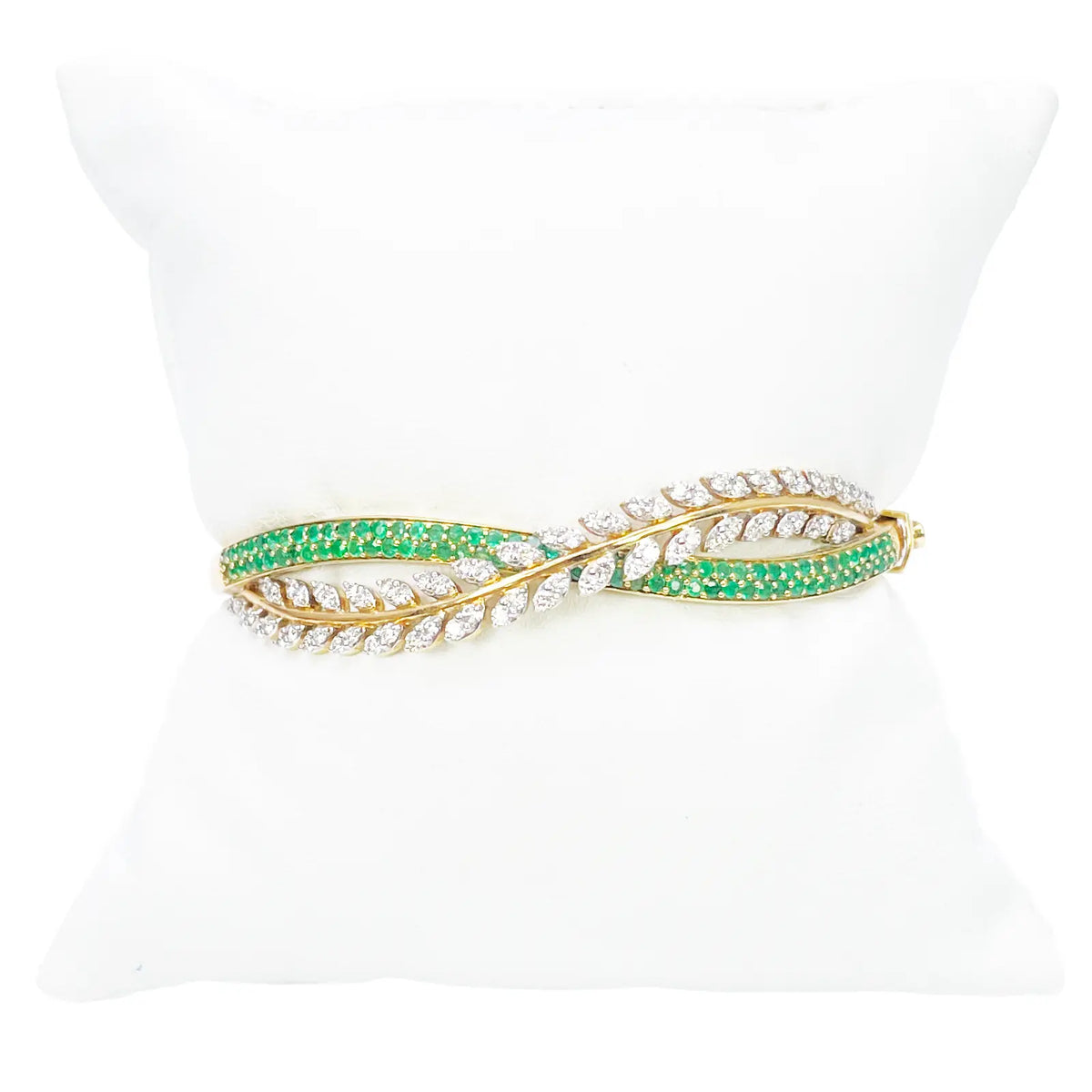 18ct Yellow Gold Diamond & Emerald Leaf Bangle Bracelet 2.17ct Diameter 2.2 Inch¬† Diamond Bracelets