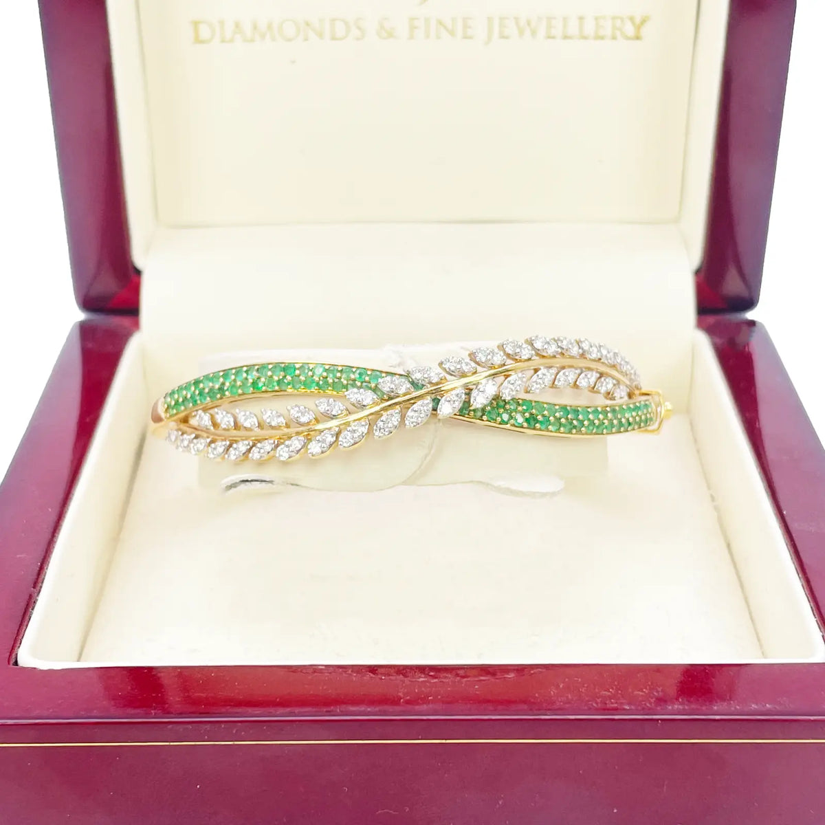 18ct Yellow Gold Diamond & Emerald Leaf Bangle Bracelet 2.17ct Diameter 2.2 Inch¬† Diamond Bracelets