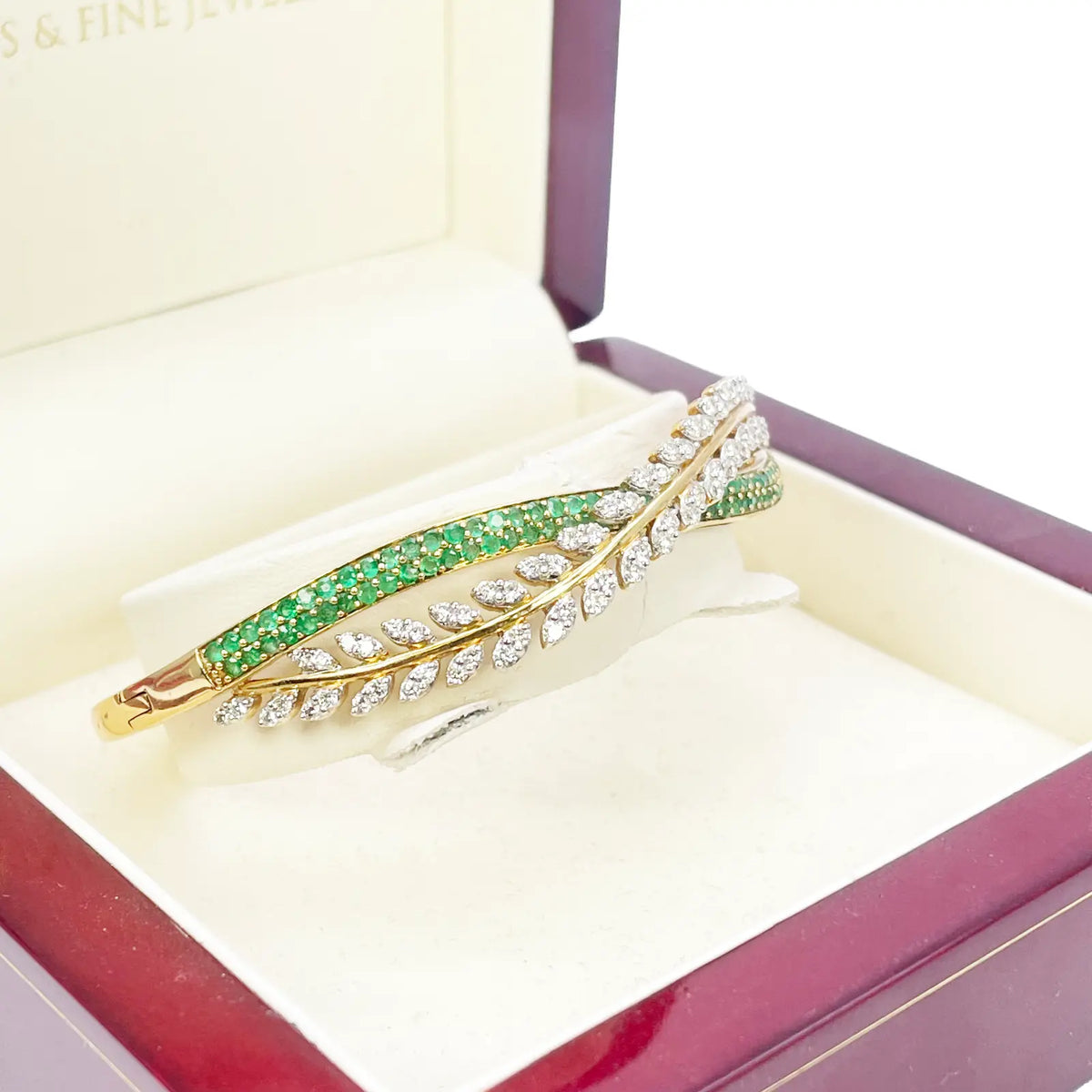 18ct Yellow Gold Diamond & Emerald Leaf Bangle Bracelet 2.17ct Diameter 2.2 Inch¬† Diamond Bracelets