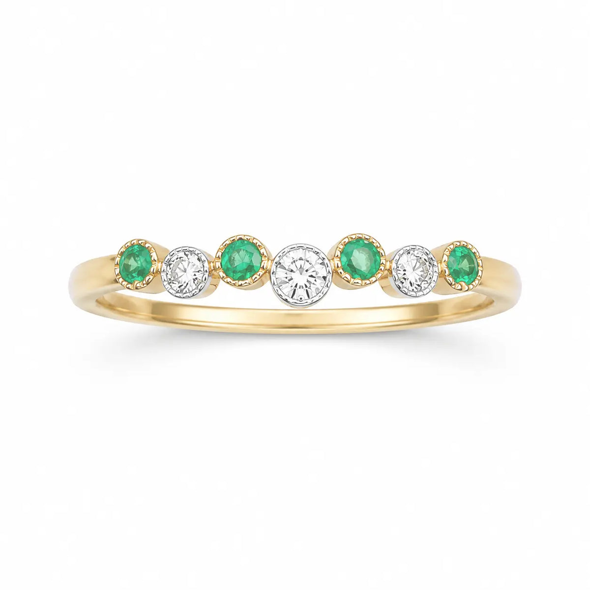 18ct Yellow Gold Emerald & Diamond Milgrain Bezel Ring ? 0.13ct Natural Stones  Diamond Ring