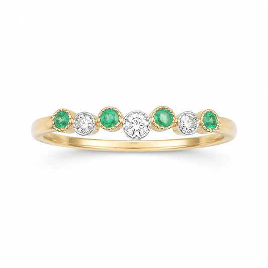 18ct Yellow Gold Emerald & Diamond Milgrain Bezel Ring ? 0.13ct Natural Stones  Diamond Ring