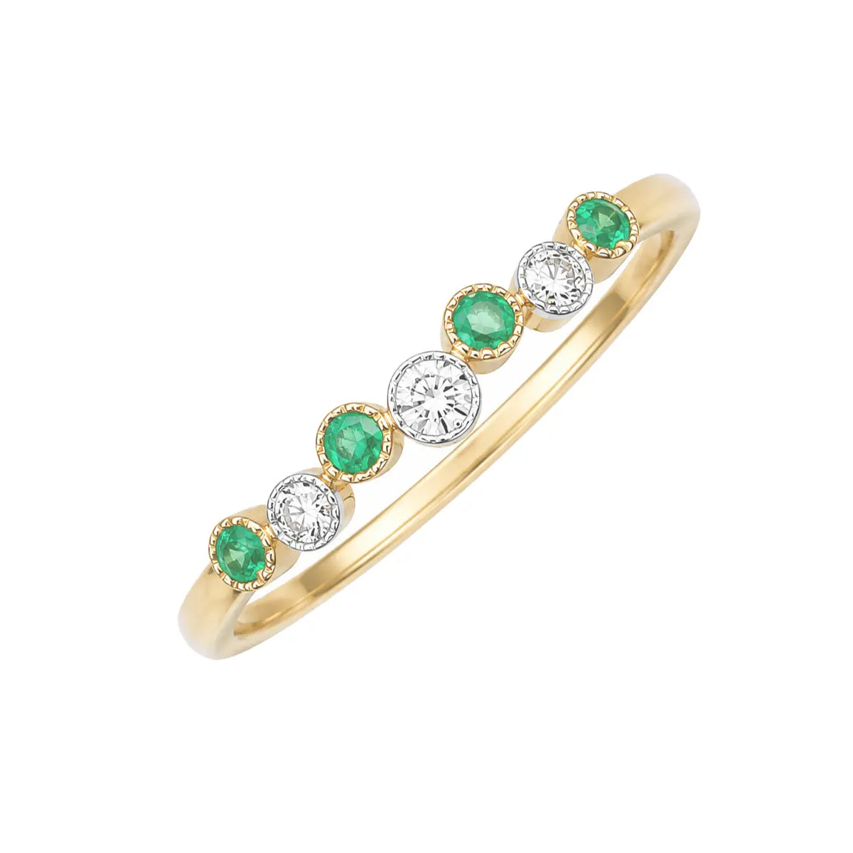 18ct Yellow Gold Emerald & Diamond Milgrain Bezel Ring ? 0.13ct Natural Stones  Diamond Ring