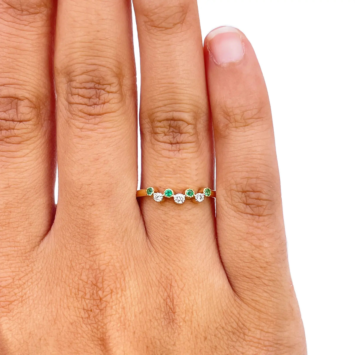 18ct Yellow Gold Emerald & Diamond Milgrain Bezel Ring ? 0.13ct Natural Stones  Diamond Ring