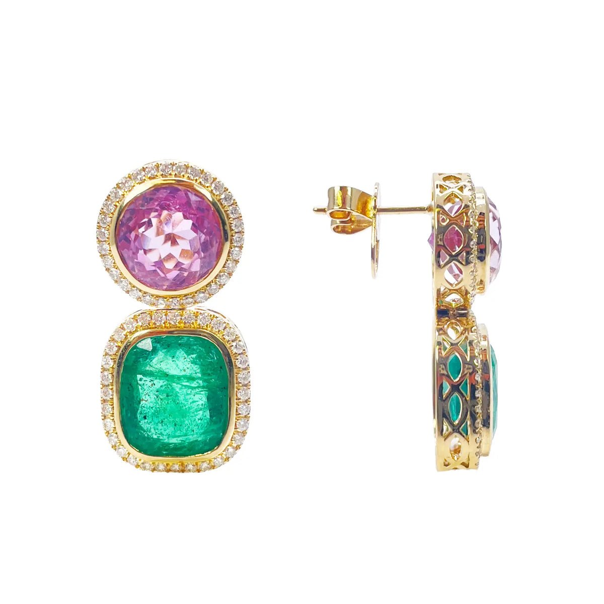18ct Yellow Gold Emerald, Kunzite Rubover Set Halo Diamond Drop Earrings 17.76ct 