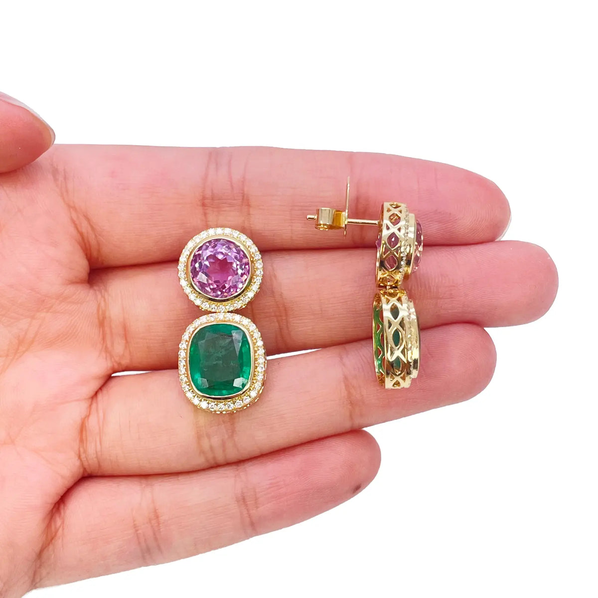 18ct Yellow Gold Emerald, Kunzite Rubover Set Halo Diamond Drop Earrings 17.76ct 