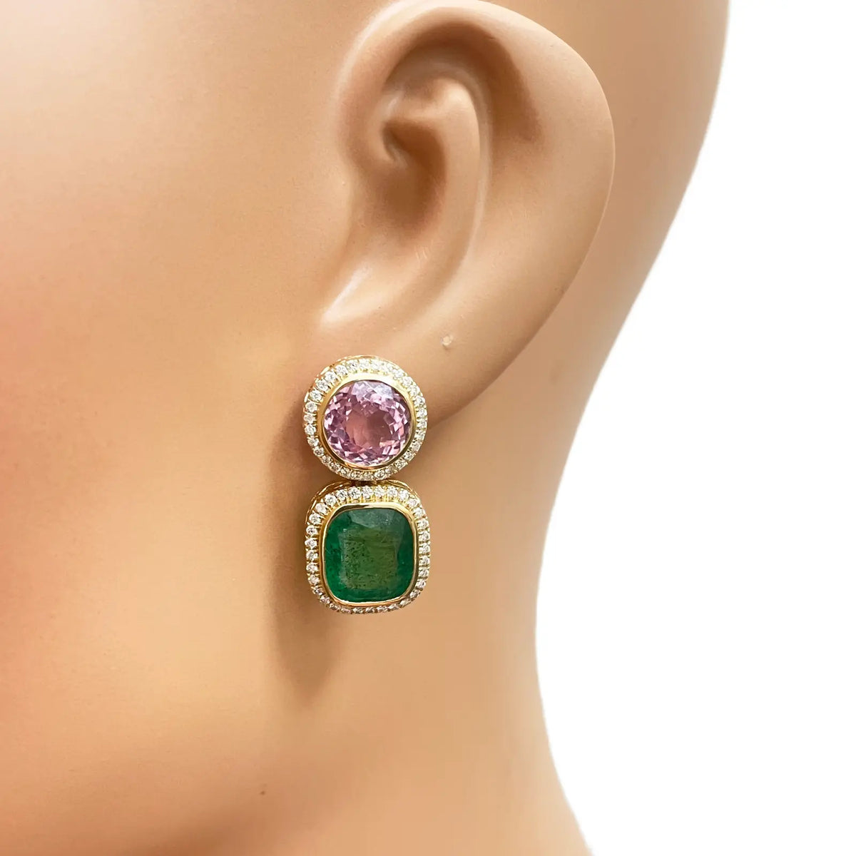 18ct Yellow Gold Emerald, Kunzite Rubover Set Halo Diamond Drop Earrings 17.76ct 