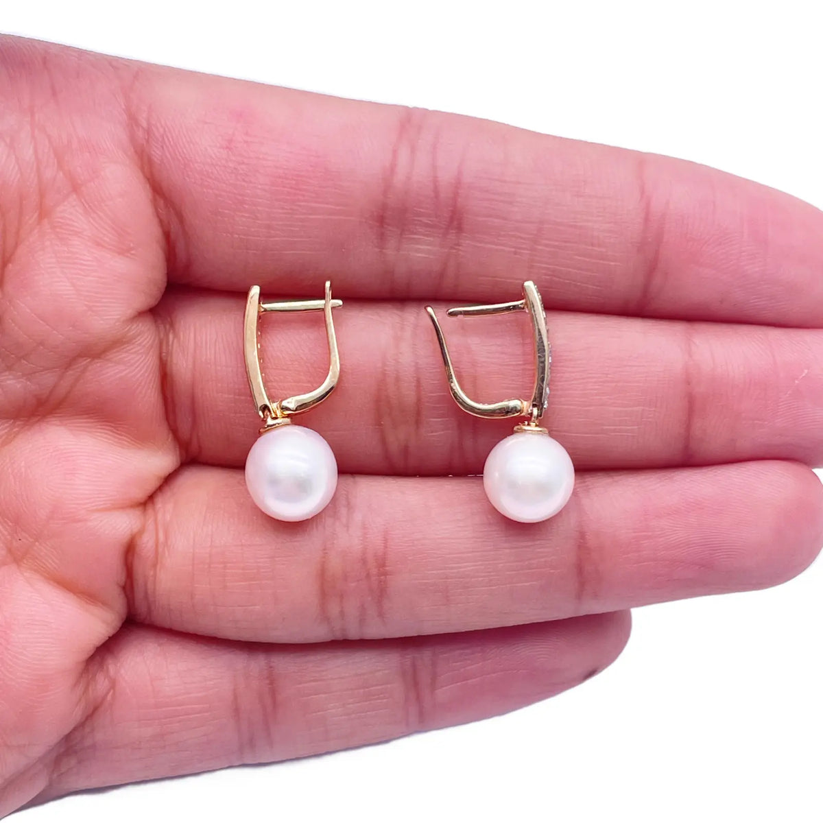 18ct Yellow Gold Freshwater Pearl & Diamonds Drop Hoop Huggie Earrings 0.10ct  Gold earring