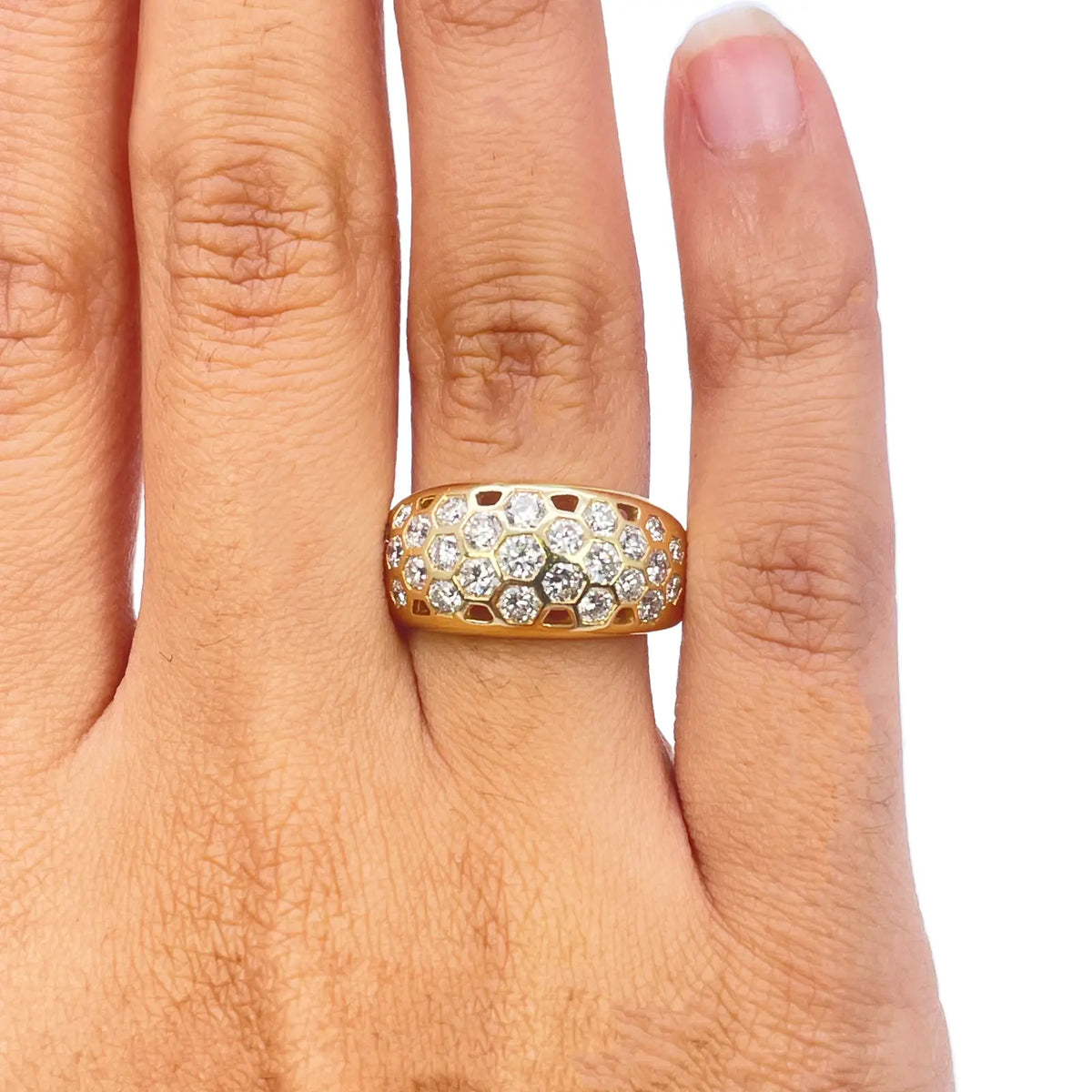 18ct Yellow Gold Honeycomb Design Diamond Ring Rubover Set 1.45ct  Diamond Ring