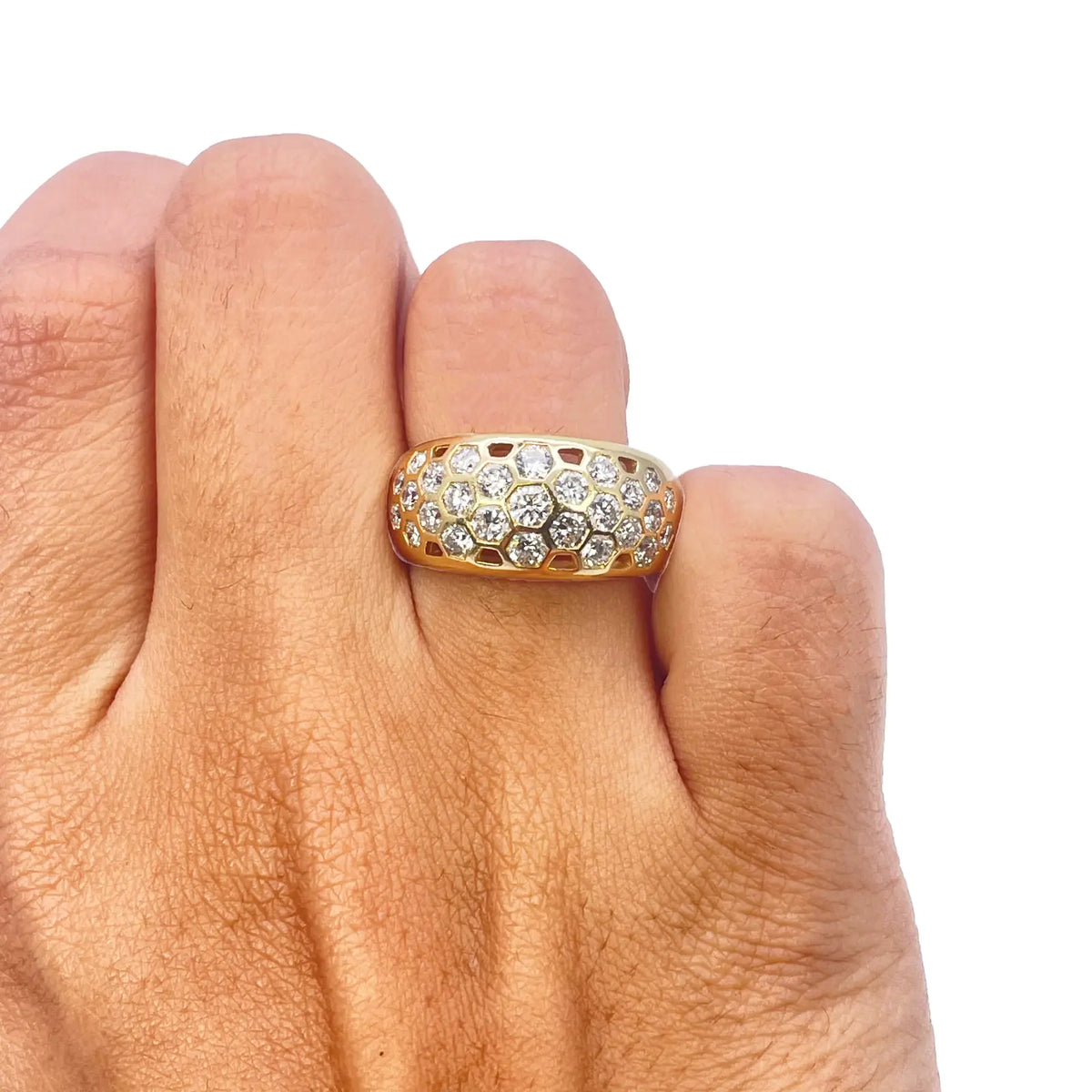 18ct Yellow Gold Honeycomb Design Diamond Ring Rubover Set 1.45ct  Diamond Ring