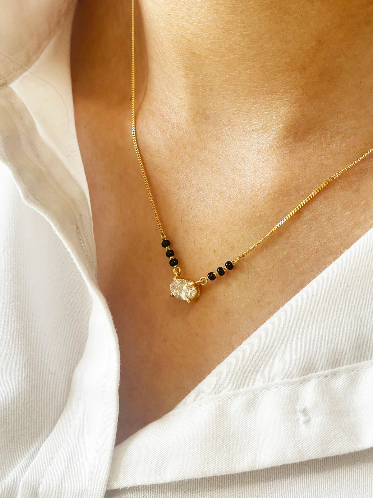18ct Yellow Gold Lab Grown Oval Diamond 1.00ct Black Beads Mangalsutra Necklace IGI Certified 