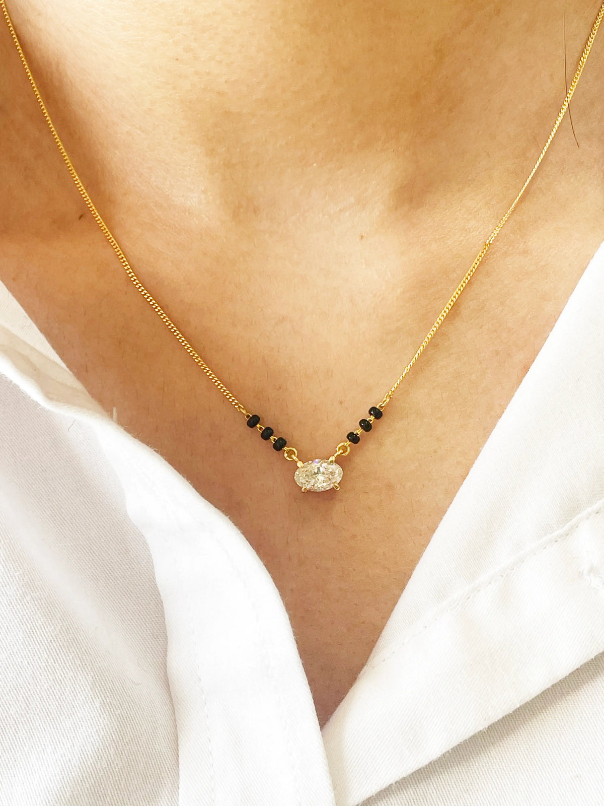 18ct Yellow Gold Lab Grown Oval Diamond 1.00ct Black Beads Mangalsutra Necklace IGI Certified 