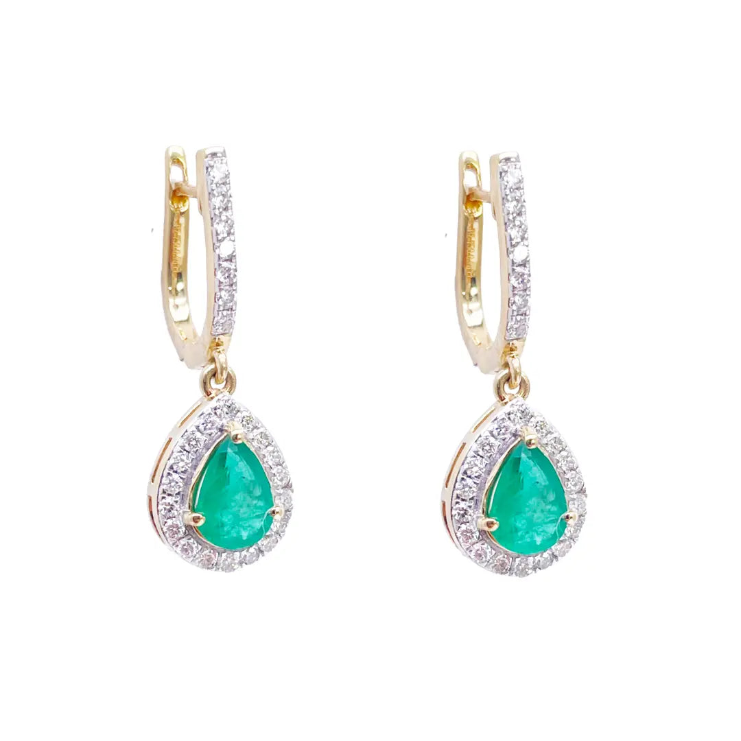 18ct Yellow Gold Natural Diamond & Zambian Emerald Huggie Hoop Earrings 1.48ct  Diamond earring