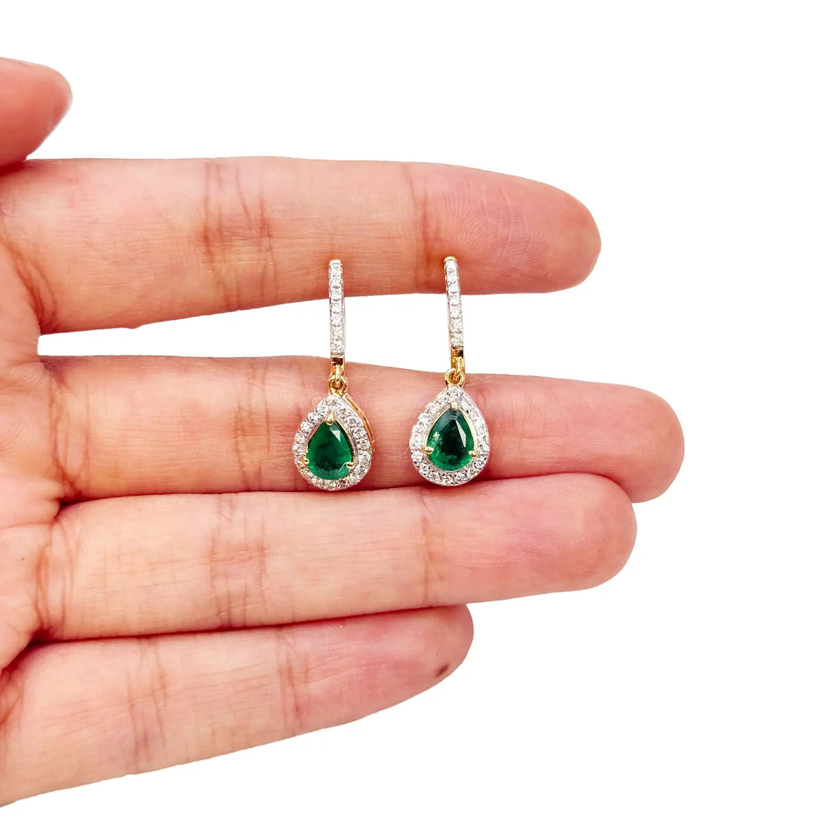 18ct Yellow Gold Natural Diamond & Zambian Emerald Huggie Hoop Earrings 1.48ct  Diamond earring