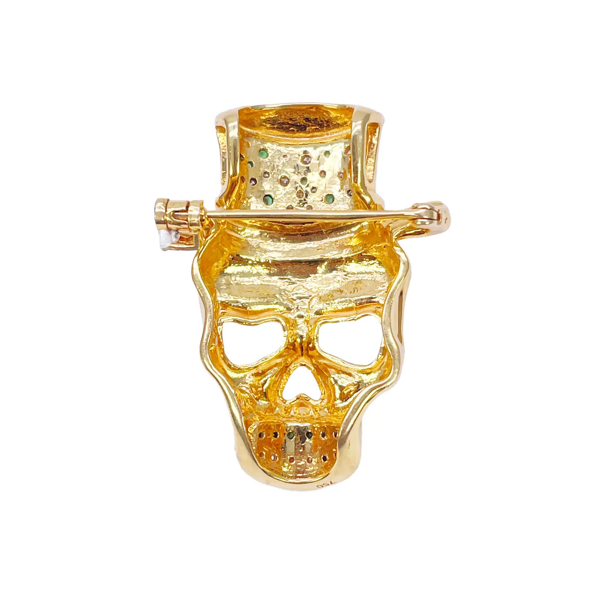 18ct Yellow Gold Natural Round Tsavorite & Diamond Skull Brooch Pin 1.16ct  Diamond Ring