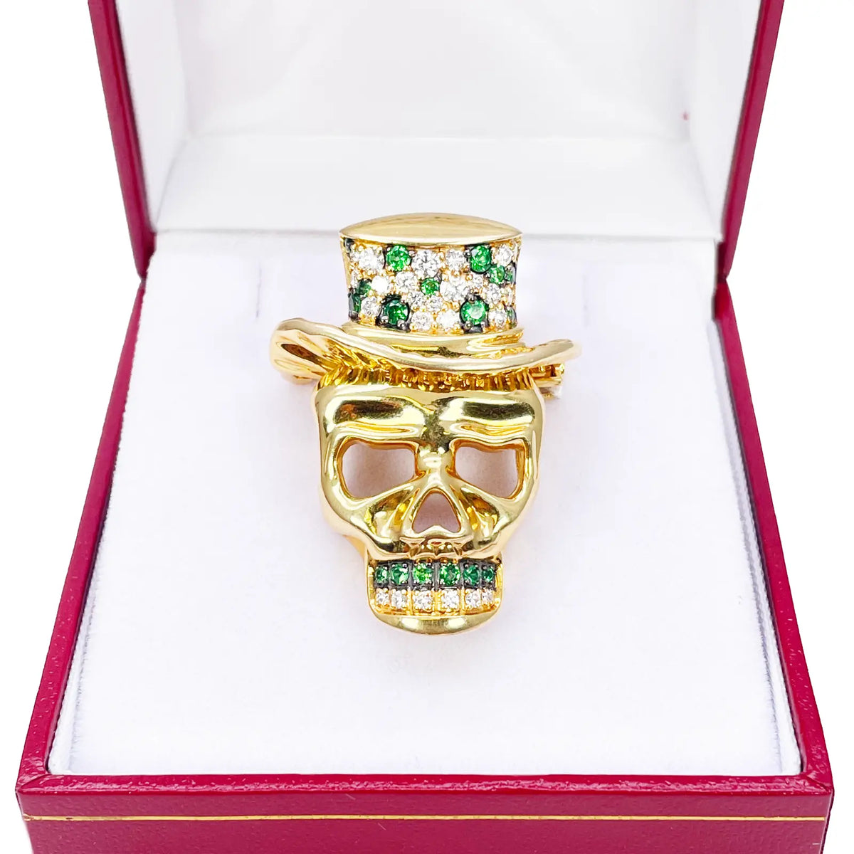 18ct Yellow Gold Natural Round Tsavorite & Diamond Skull Brooch Pin 1.16ct  Diamond Ring