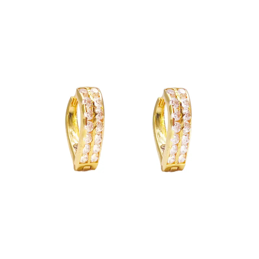 18ct Yellow Gold Pair Of Two Row Cubic Zirconia Hoop Huggie Earrings 6.5mm Diameter 