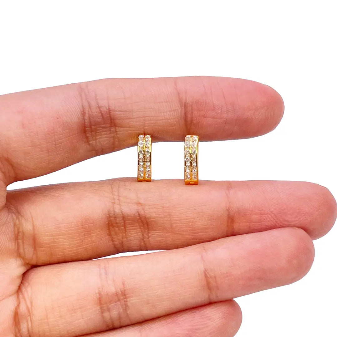 18ct Yellow Gold Pair Of Two Row Cubic Zirconia Hoop Huggie Earrings 6.5mm Diameter 