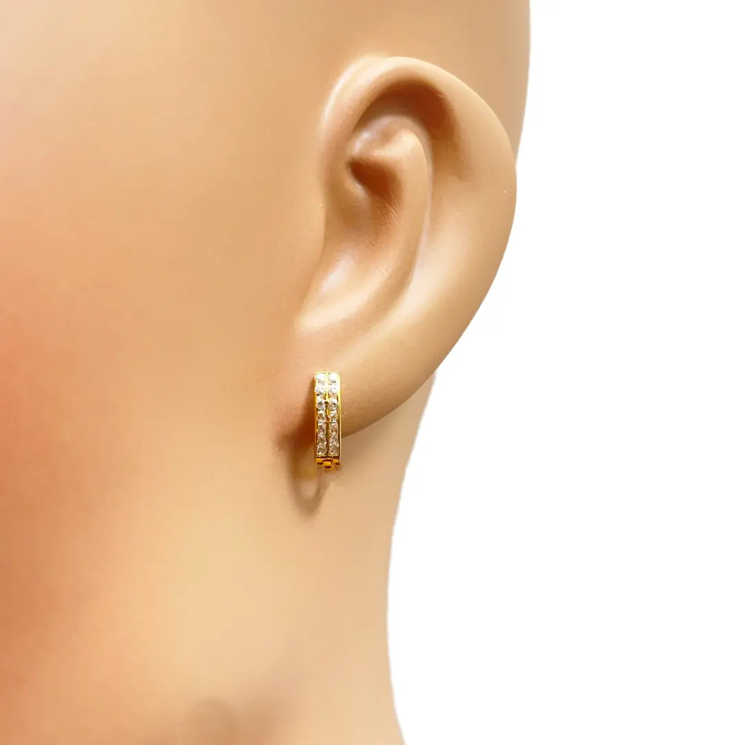 18ct Yellow Gold Pair Of Two Row Cubic Zirconia Hoop Huggie Earrings 6.5mm Diameter 