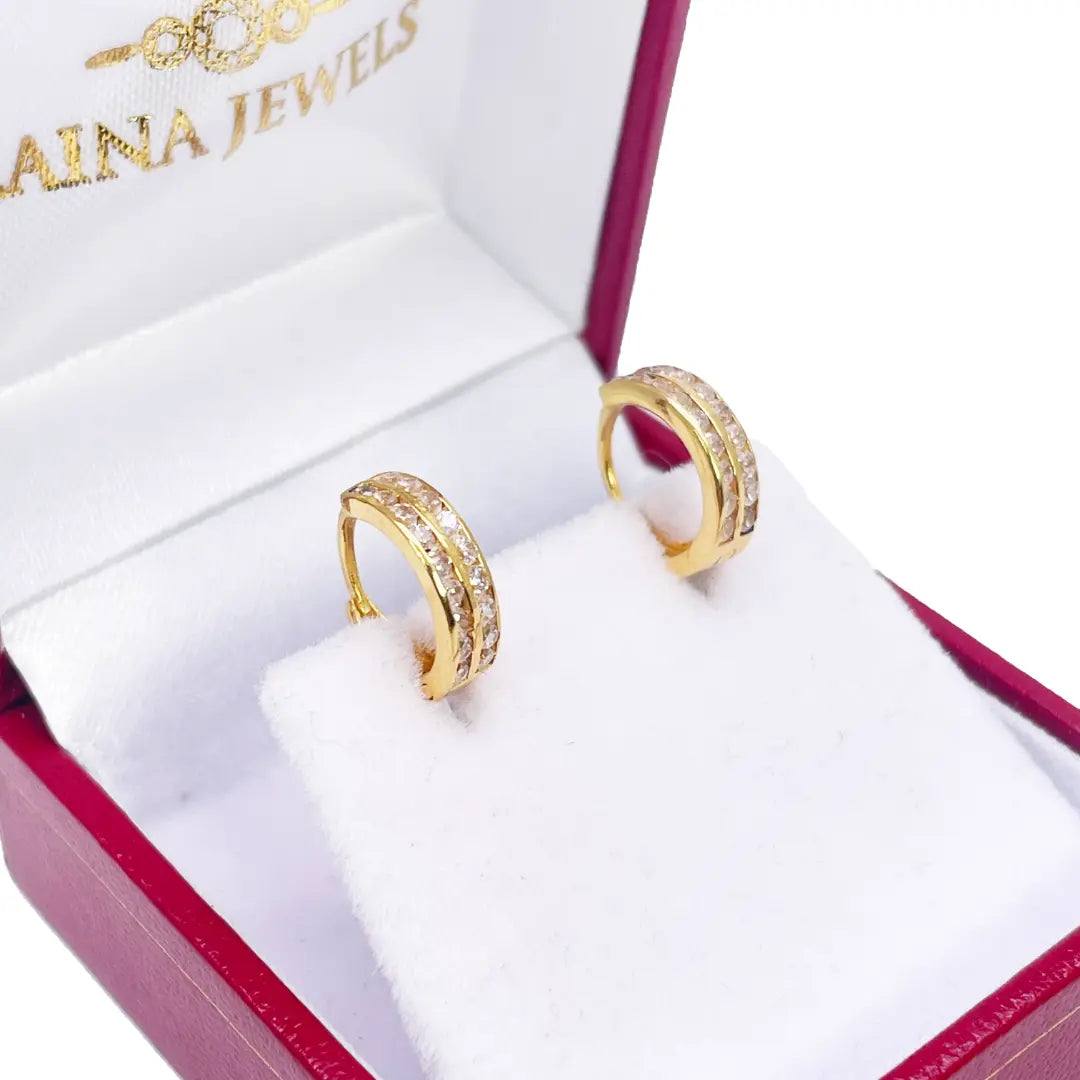 18ct Yellow Gold Pair Of Two Row Cubic Zirconia Hoop Huggie Earrings 8.4mm Diameter  Gold earring