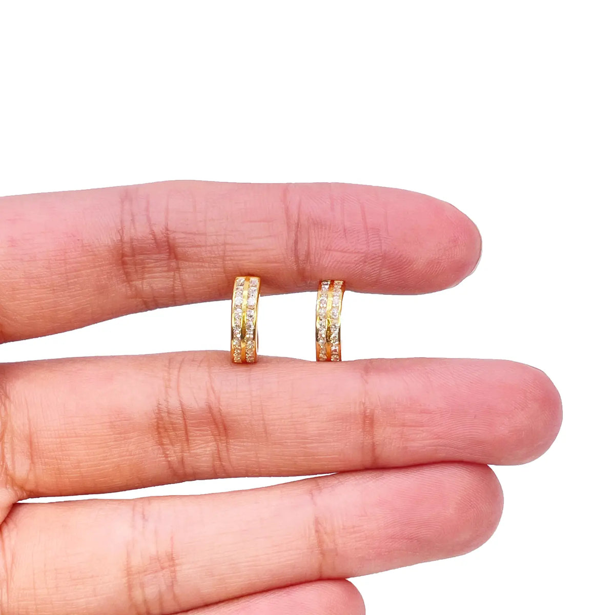 18ct Yellow Gold Pair Of Two Row Cubic Zirconia Hoop Huggie Earrings 8.4mm Diameter  Gold earring
