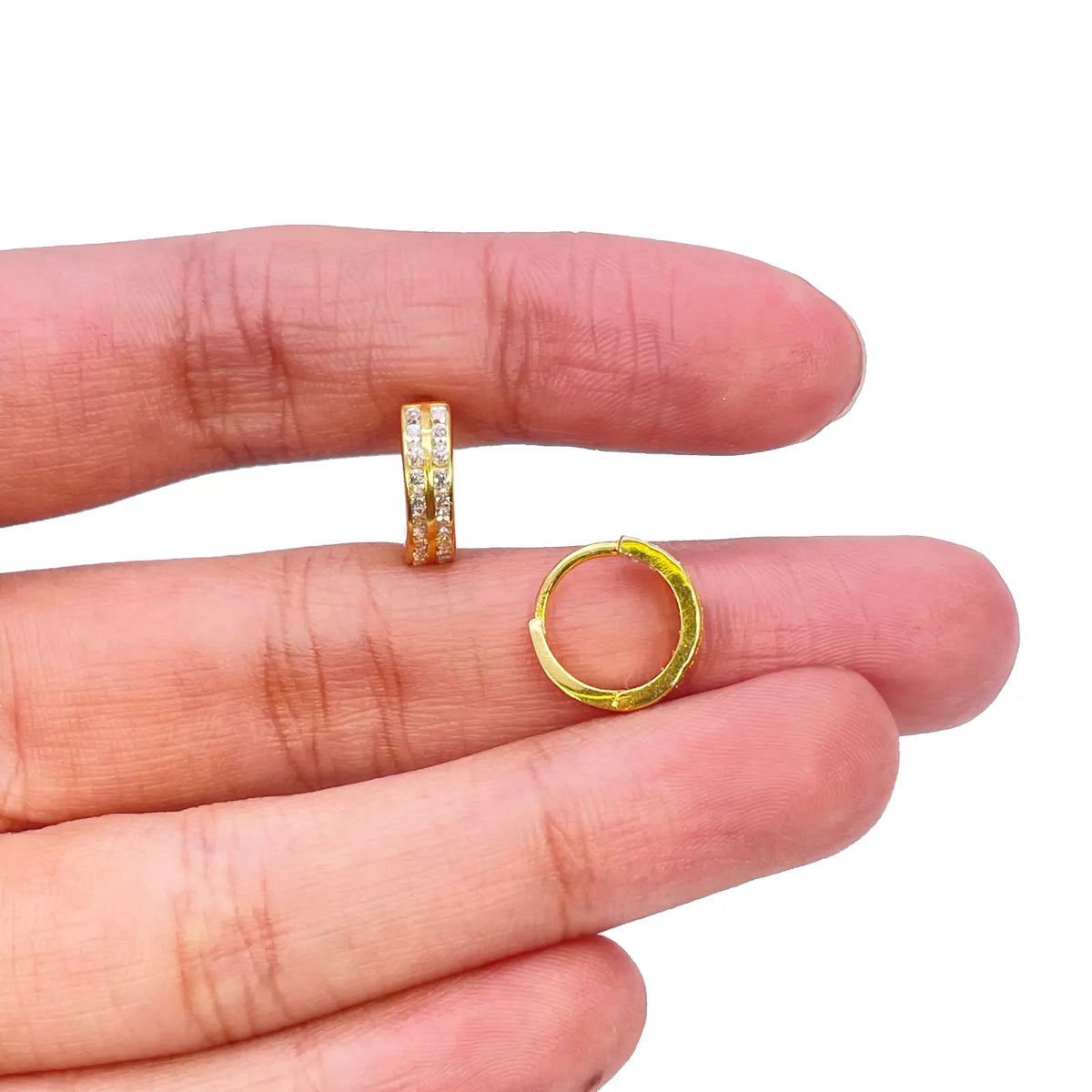 18ct Yellow Gold Pair Of Two Row Cubic Zirconia Hoop Huggie Earrings 8.4mm Diameter  Gold earring