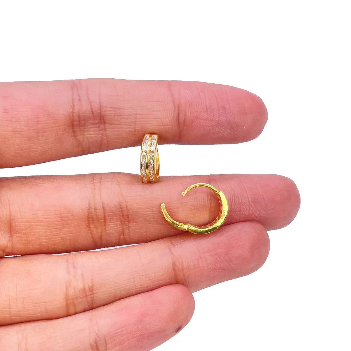 18ct Yellow Gold Pair Of Two Row Cubic Zirconia Hoop Huggie Earrings 8.4mm Diameter  Gold earring