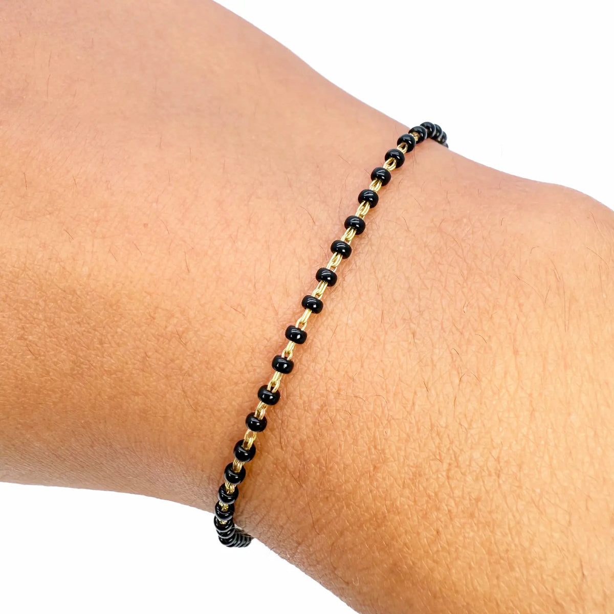 18ct Yellow Gold Traditional Black Beaded Mangalsutra Bracelet 7 Inches 