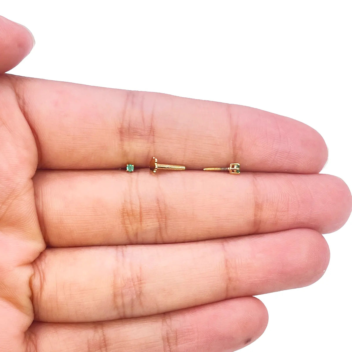 18ct Yellow Gold & Natural Round 4-Claw Emerald Children's Earrings 0.04ct 