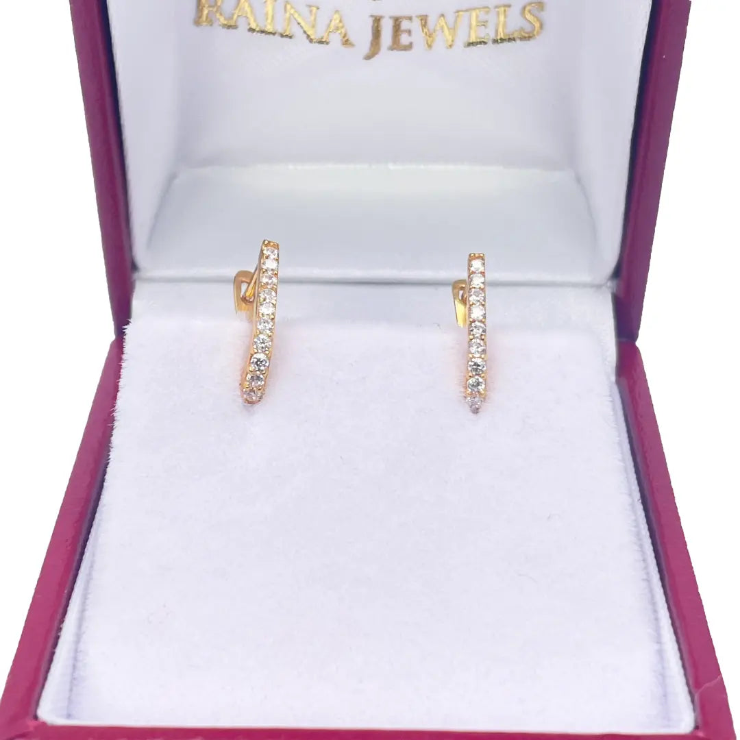 22K Yellow Gold Single Row Of Round Cubic Zirconia Hoop Earrings 