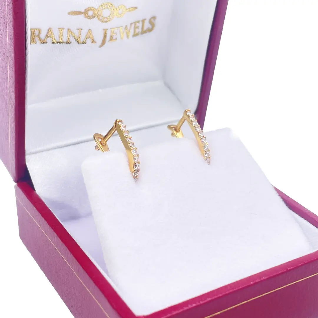 22K Yellow Gold Single Row Of Round Cubic Zirconia Hoop Earrings 