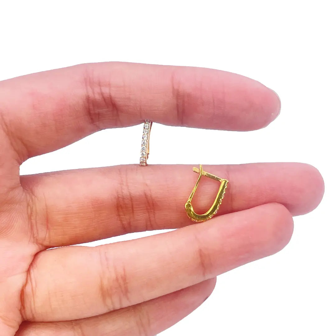 22K Yellow Gold Single Row Of Round Cubic Zirconia Hoop Earrings 