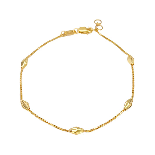 22ct Gold Beaded Bracelet Five Diamond Cut Marquise Shape Beads Box Chain 7 Inch¬†