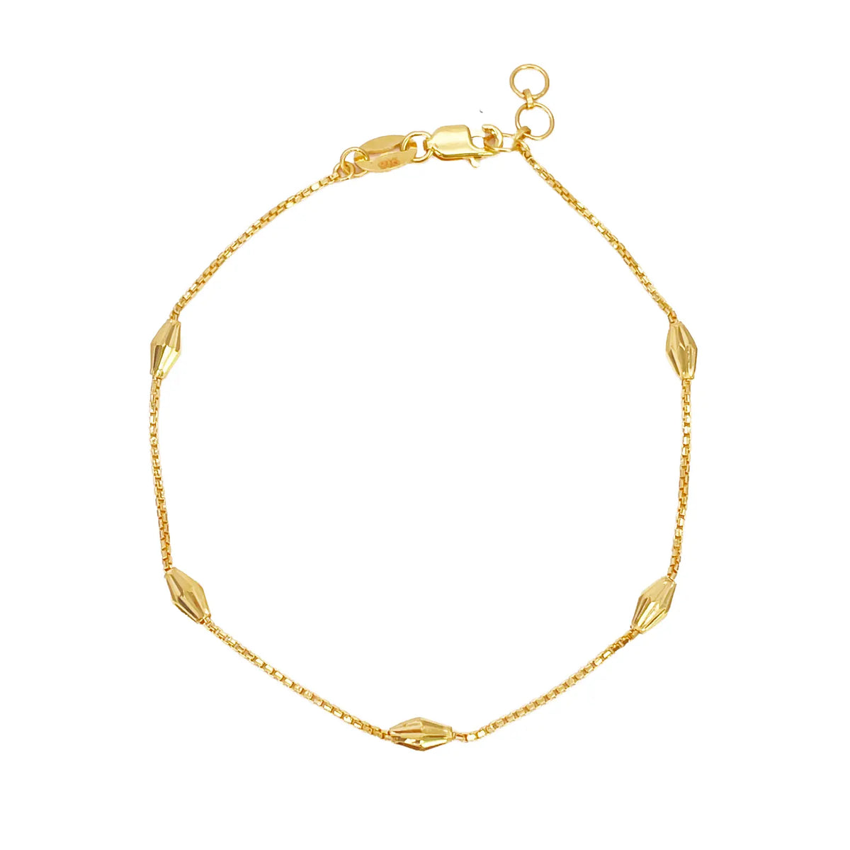 22ct Gold Beaded Bracelet Five Diamond Cut Marquise Shape Beads Box Chain 7 Inch¬†