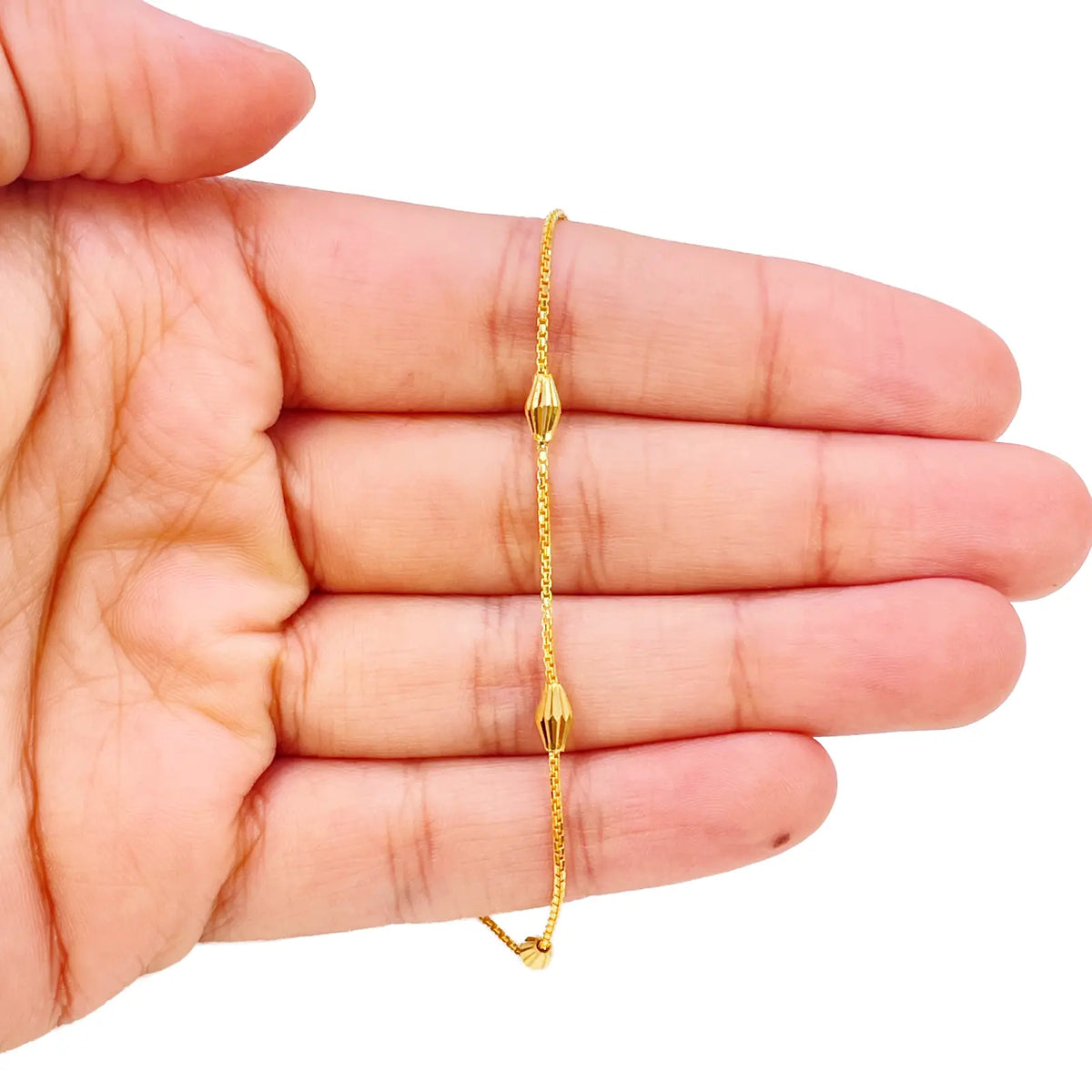 22ct Gold Beaded Bracelet Five Diamond Cut Marquise Shape Beads Box Chain 7 Inch¬†