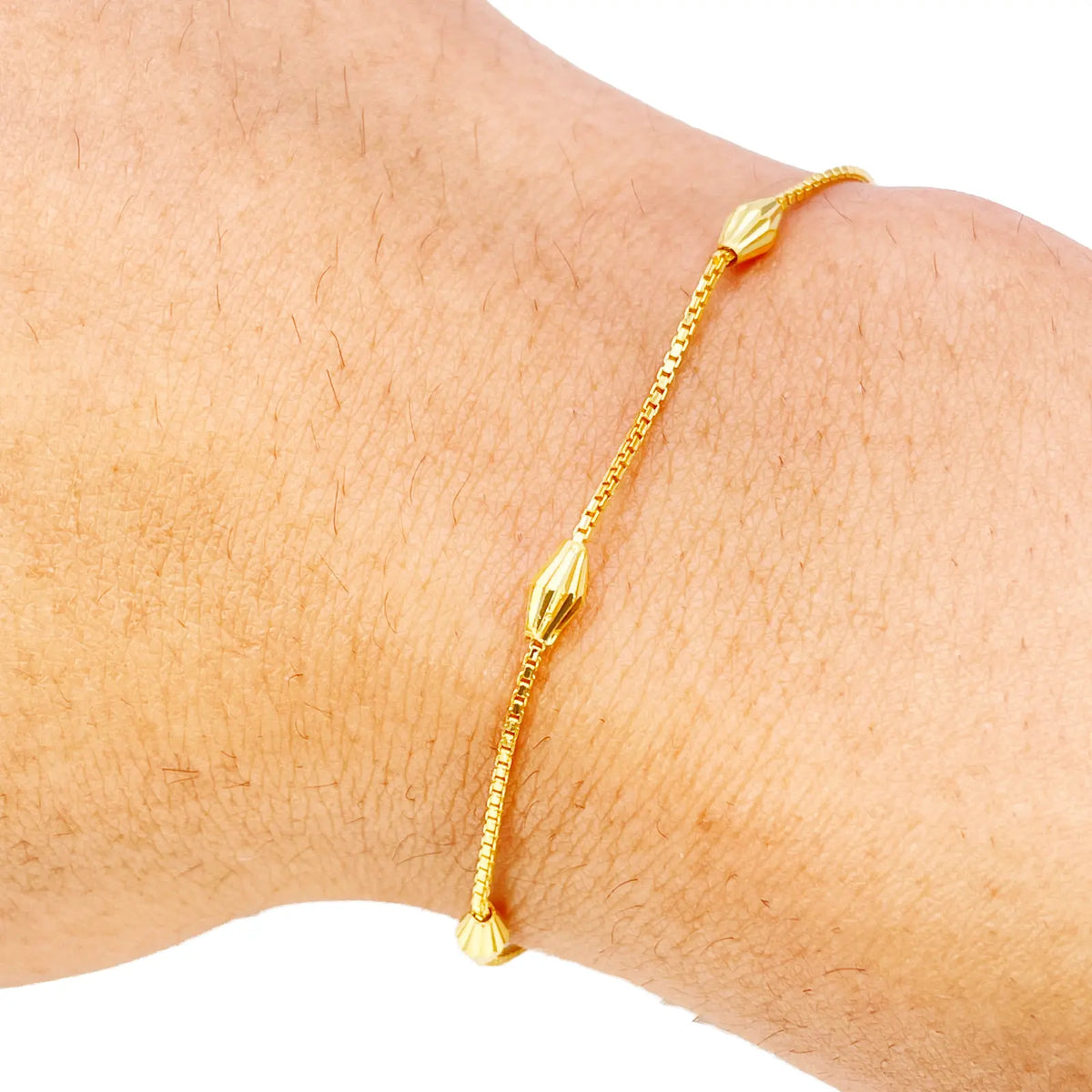 22ct Gold Beaded Bracelet Five Diamond Cut Marquise Shape Beads Box Chain 7 Inch¬†