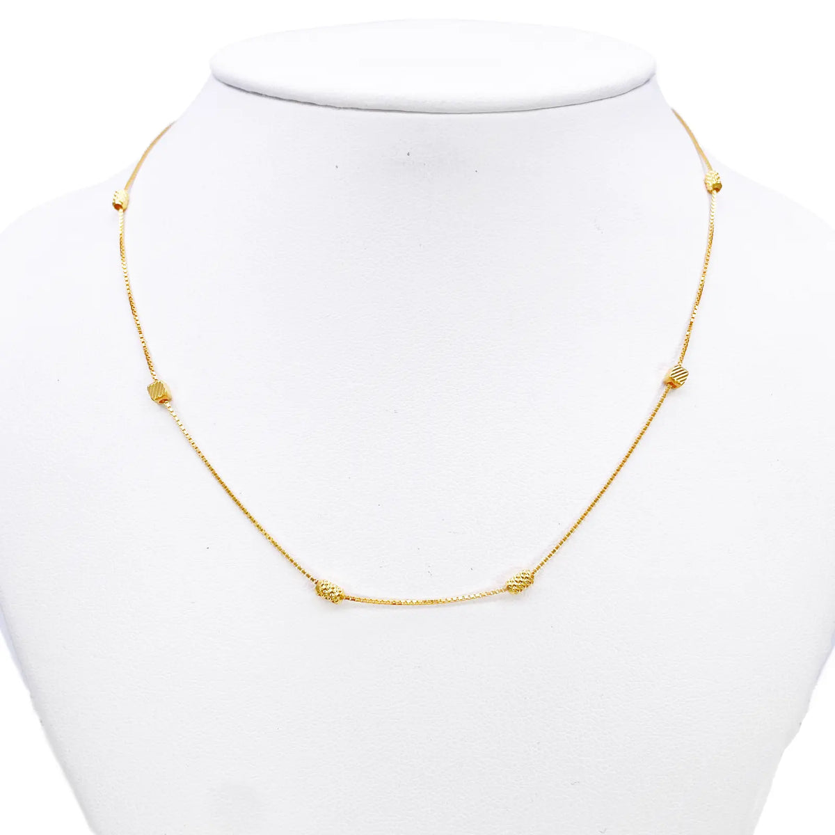 22ct Gold Beaded Necklace Diamond Cut Cube & Rounded Beads Box Chain 16 Inches 