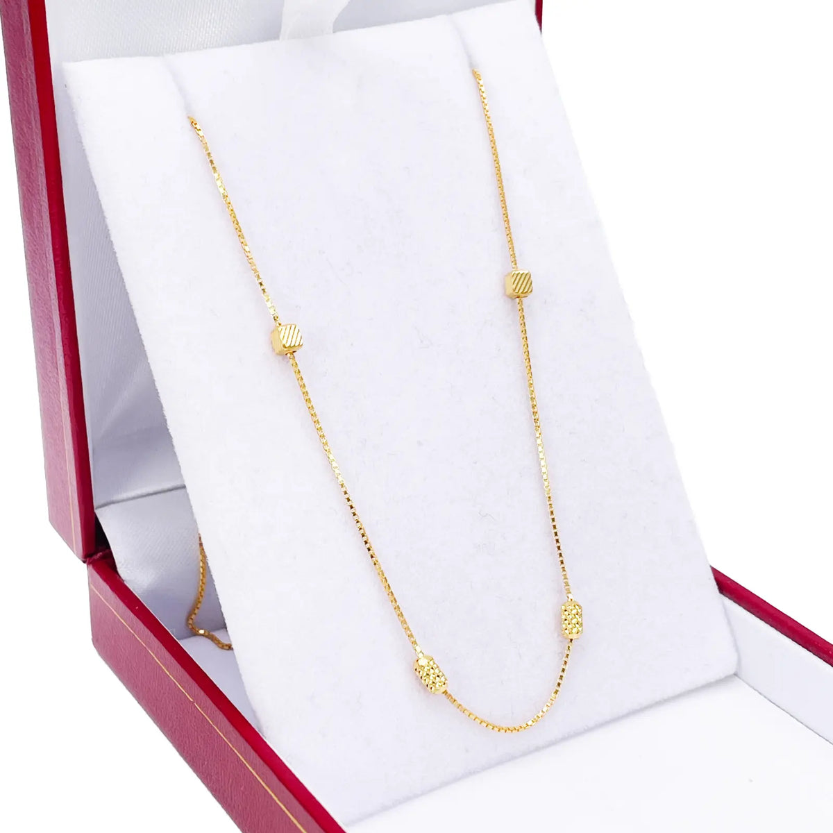 22ct Gold Beaded Necklace Diamond Cut Cube & Rounded Beads Box Chain 16 Inches 