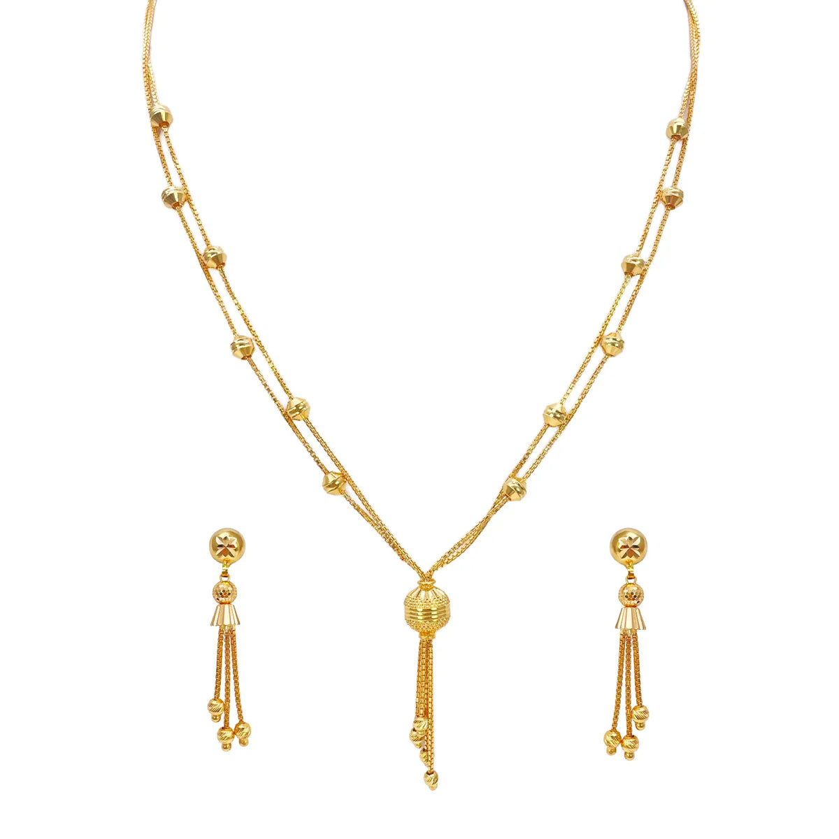 22ct Gold Beaded Tassel Layered Necklace & Earring Sparkly Diamond Cut Beads¬†