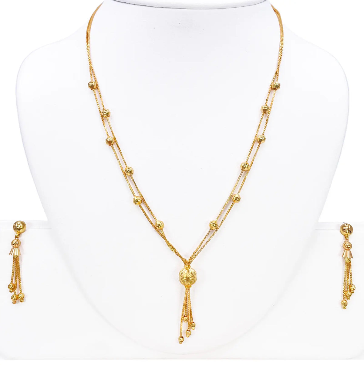 22ct Gold Beaded Tassel Layered Necklace & Earring Sparkly Diamond Cut Beads¬†