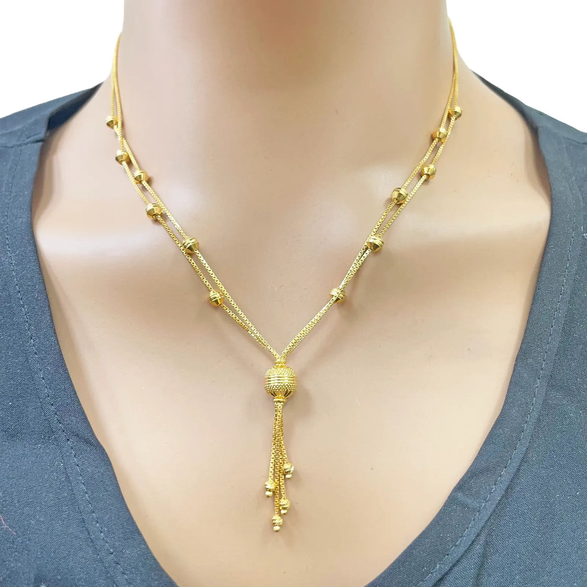22ct Gold Beaded Tassel Layered Necklace & Earring Sparkly Diamond Cut Beads¬†